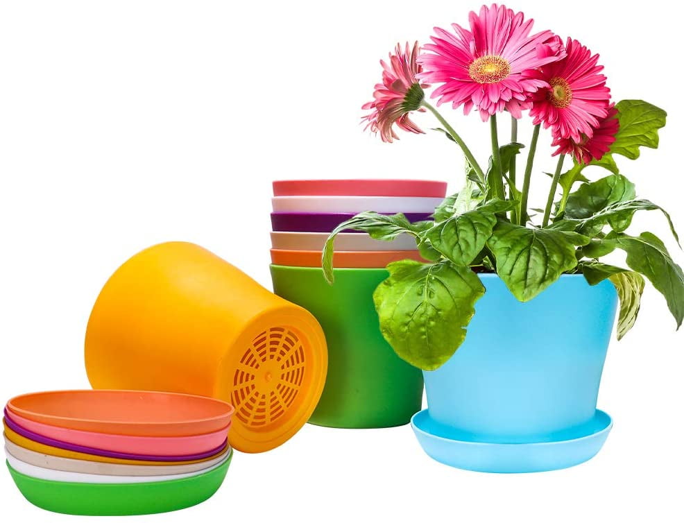 4.7inch Plastic Planters with Saucers Flower Pot, Large Garden Plant