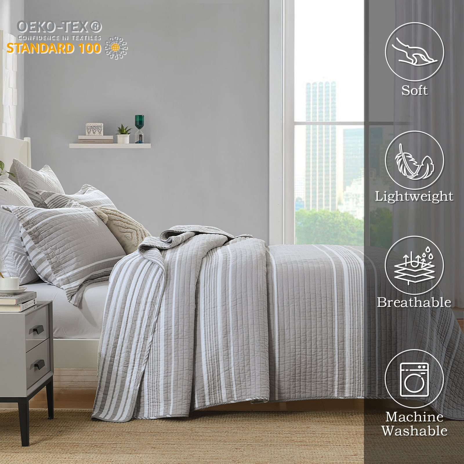 Y-PLWOMEN 100% Cotton Quilt Queen Size - Gray Quilt White Striped Lightweight Quilted Bedspread, Queen Comforter Set, Soft Bed Spread for Queen Bed with Pillow Shams