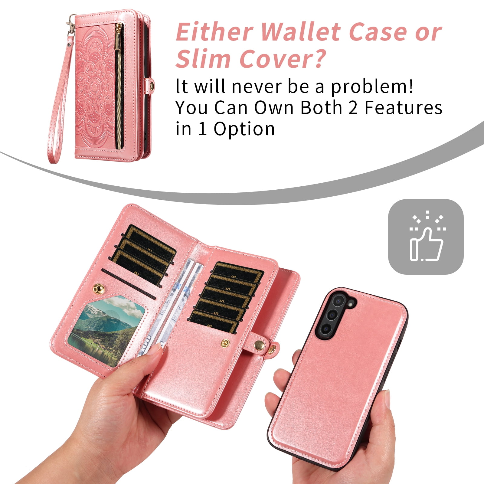 Asuwish Phone Case for Samsung Galaxy Z Fold 5 5G 2023 Zipper Wallet Cell Cover Crossbody Strap Flower Flip Card Holder ZFold5 Z5 G Fold5 ZFold 5Z Women Rose Gold
