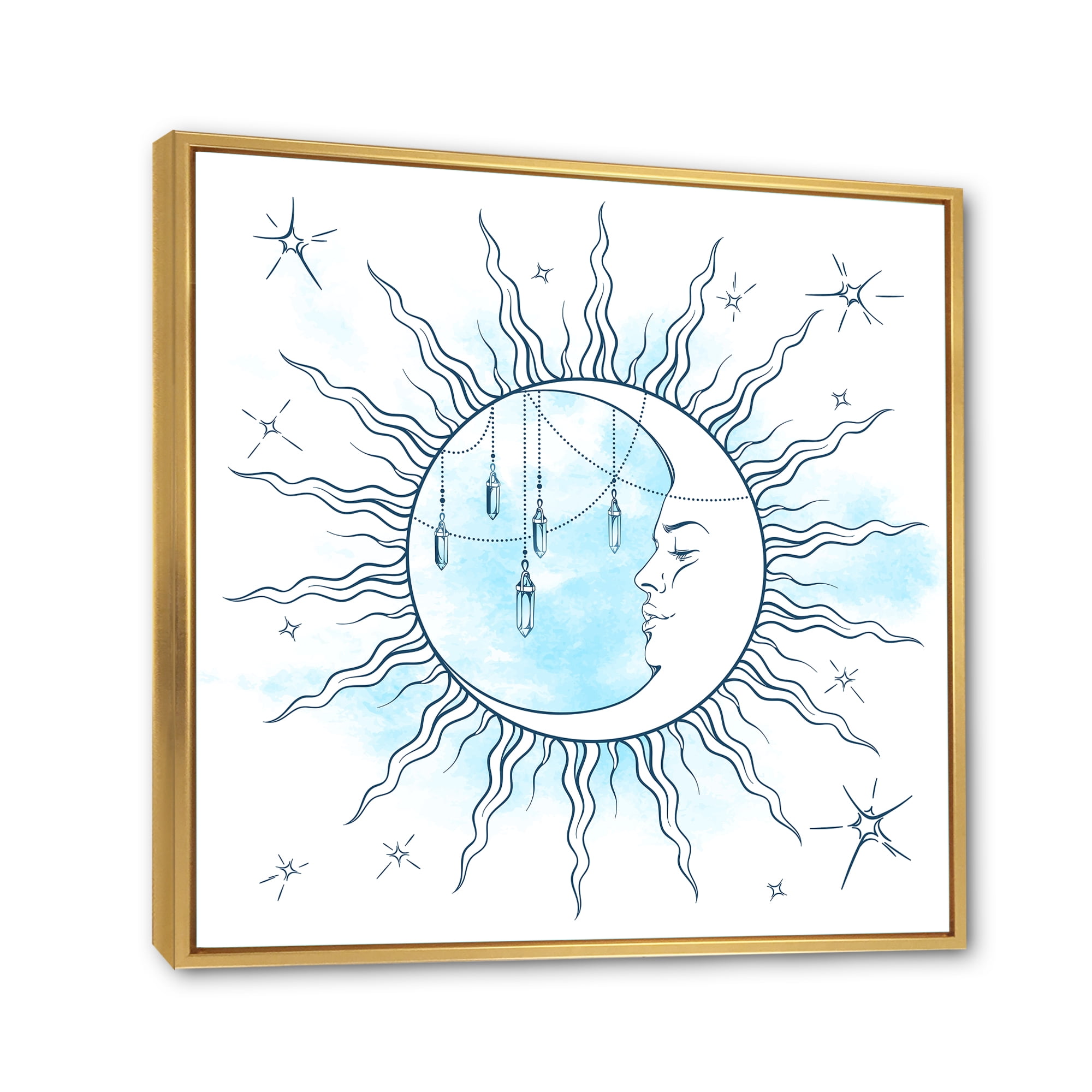 Designart 'Blue Crescent Moon With Stars and Moonstone Pendants' Bohemian & Eclectic Framed Canvas Wall Art Print