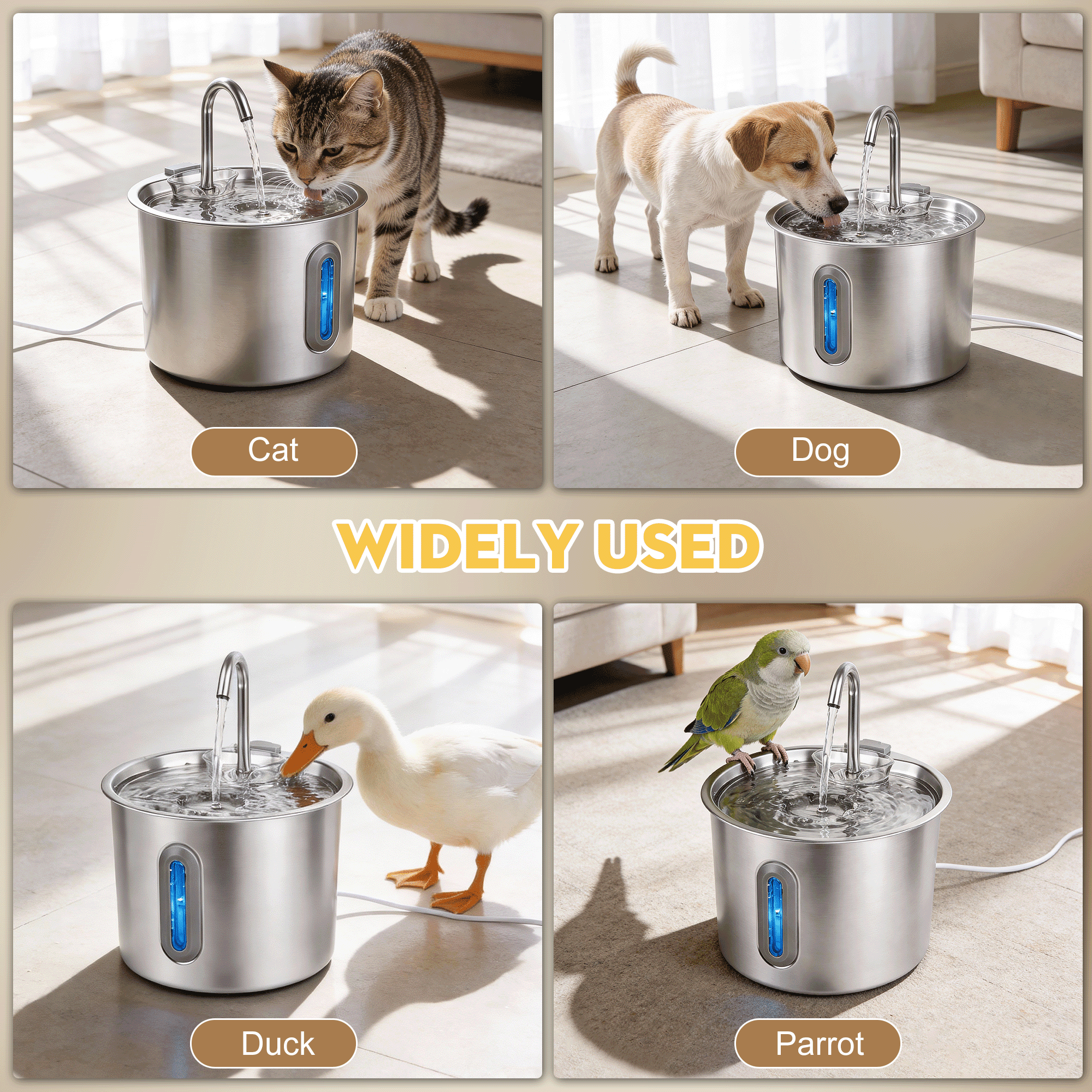 NIGHTEEN Cat Water Fountain Stainless Steel Automatic Pet Water Dispenser for Cats and Dogs with Replacement Filters, 2.2L