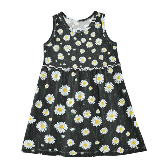 Girls Dress Daisy Black Background Sleeveless Dress for Girls Hem A-Line Casual Sundress