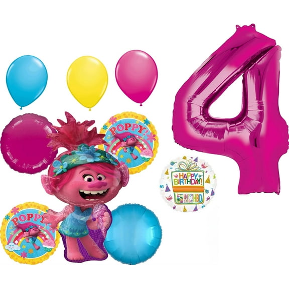 Trolls Party Supplies 4th Birthday 10 piece Balloon Bouquet Decorations kit
