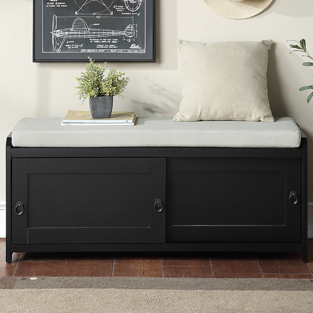 Lowestbest Wooden Storage Bench, Shoe Bench with Storage and 2 Cabinets and Sit Cushion for Entryway Bedroom, Black Lowestbest Wooden Storage Bench, Shoe Bench with Storage and 2 Cabinets and Sit Cushion for Entryway Bedroom, Black