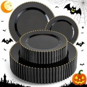 EI 60pcs Black Plastic Plates,Black and Gold Plastic Plates Disposable,Fancy Heavy Duty Plate for Party,Birthday,Anniversary,Halloween