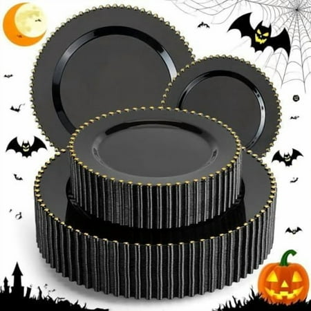 EI 60pcs Black Plastic Plates,Black and Gold Plastic Plates Disposable,Fancy Heavy Duty Plate for Party,Birthday,Anniversary,Halloween