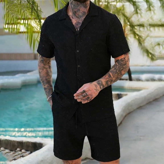Gamivast Men's 2 Piece Short Set Textured Button Down Shirt and Shorts Breathable Summer Beach Outfit for Vacation Holiday Casual Daily Pool Wear Suit