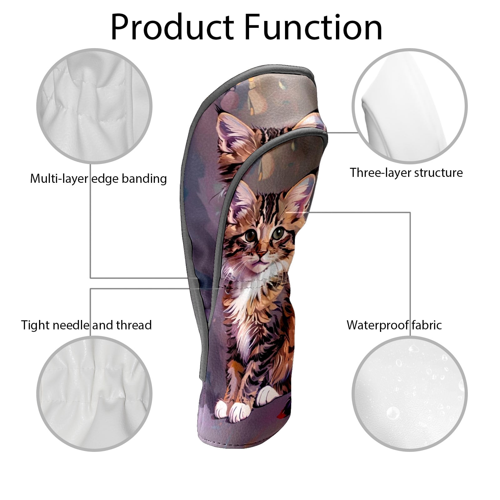 Golf Club Covers, Cat Premium PU Leather Driver Hybrid Putter Head Covers with Velvet Lining, Waterproof Golf Gifts for Men Women