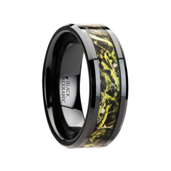 Everglade Black Ceramic Wedding Band With Green Marsh Camo Inlay Ring
