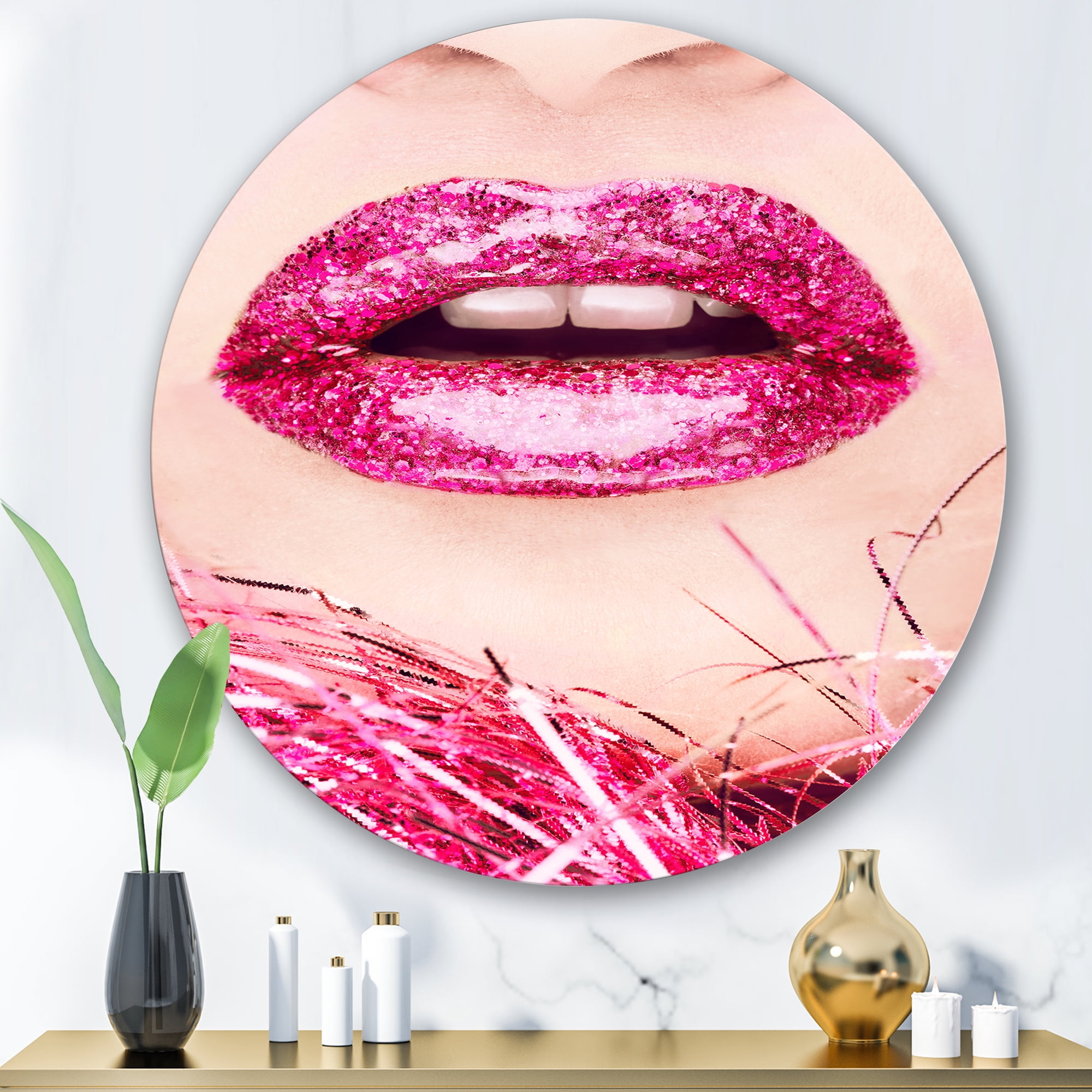 Designart 'Close-Up Of Golden Female Lips II' Modern Circle Metal Wall Art 36x36 - Disc of 36