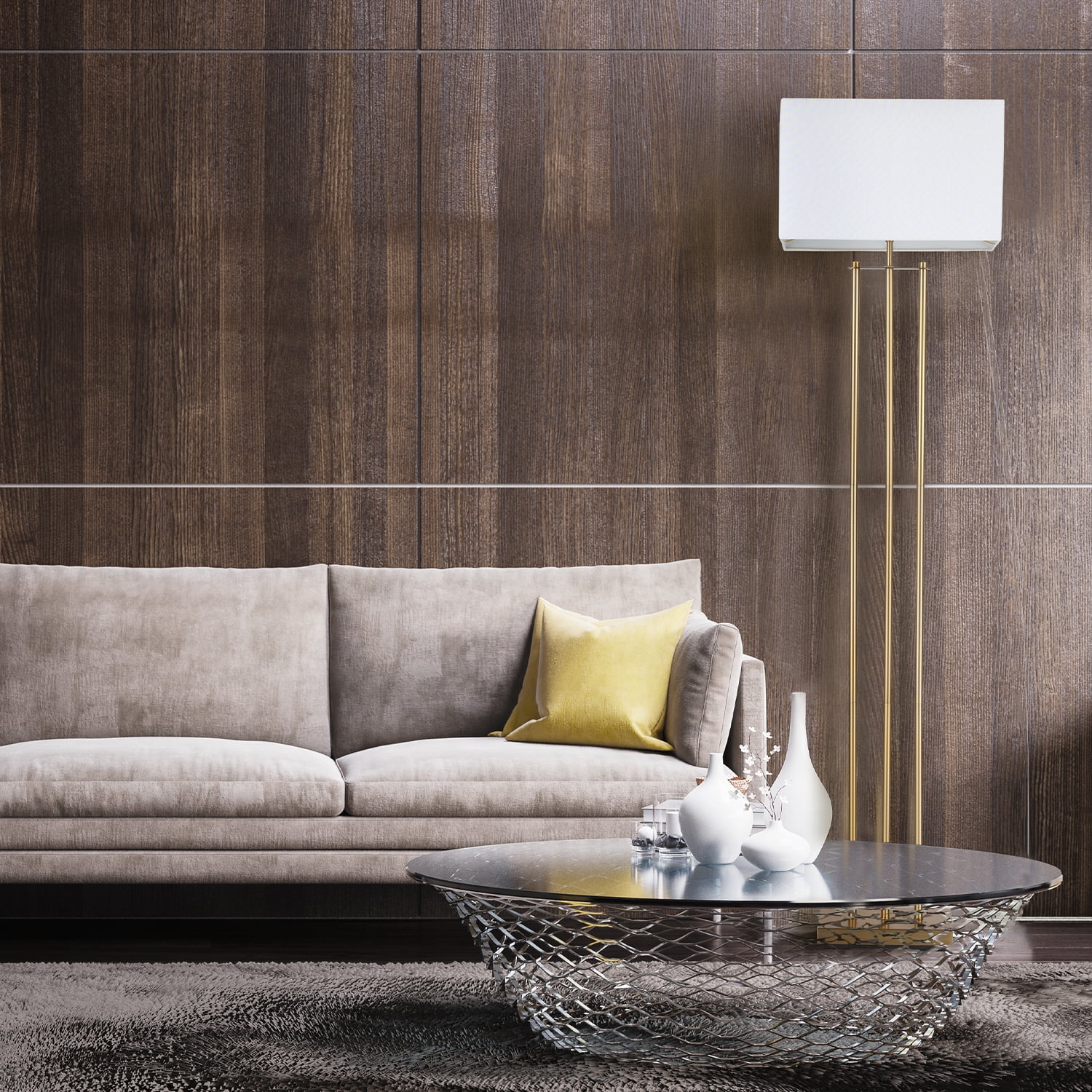 Novogratz x Globe SoHo 62" Matte Brass Floor Lamp with White Linen Shade, 67775