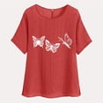 thumbnail image 4 of QATAINLAV Hauts de Plage d'Été pour Femmes Chic Décontracté Coton Lin Manches Courtes T-Shirts Coupe Ample Col Rond Blouses Mode 2025 T-Shirts à Imprimé Papillon Promotions Aujourd'hui Rouge G, 4 of 8