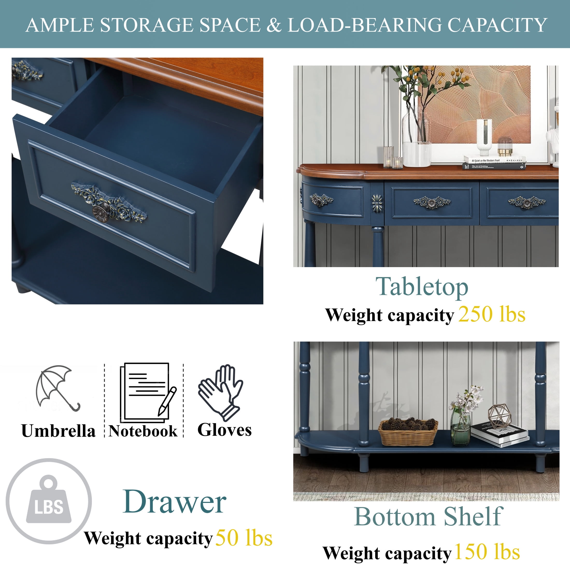 Noble House Ernestine Console Table, Pine Wood Frame with Drawers and Shelf, Half Moon Entryway Table, Navy Blue