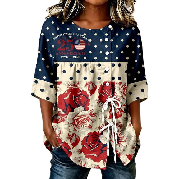 WERYOUNG Women's Summer Casual Short Sleeve T Shirt With Tie Patriotic American Flag Tees 250th Anniversary USA Celebration T-Shirt Holiday Vacation Comfortable Tops L