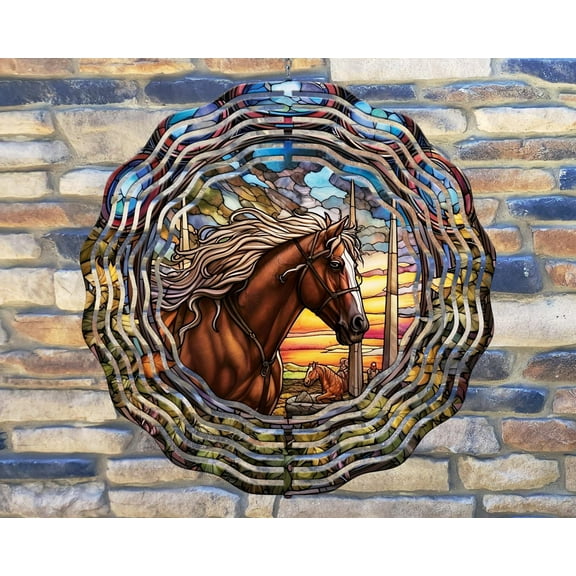 10 Inch Stained Glass Look Horse Pony Farm Country Wind Spinner Yard Decor Aluminum Sublimated Garden Art Indoor Outdoor 3D Kinetic …