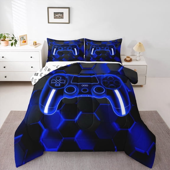Erosebridal Navy Gamepad Comforter Sets Twin Size, Modern Video Game Comforters & Duvets, Honeycomb Reversible Duvet Insert, Super Cozy Bedroom Decorative, 2 Pieces