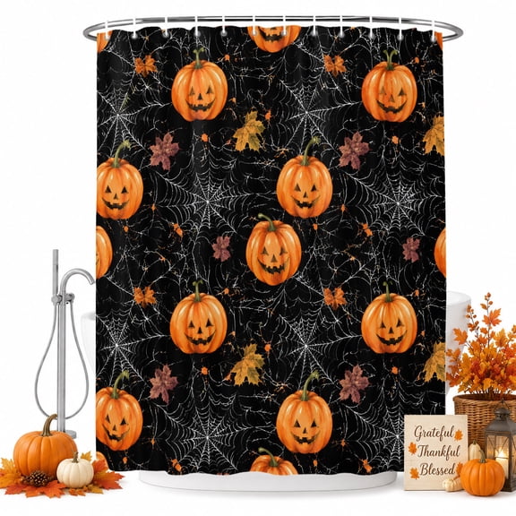Orange Black Halloween Shower Curtain Set - 72" x 78" Washable Bathtub Curtain with 12 Hooks, Pumpkins Maple Leaves Waterproof Fabric Stall Shower Curtains for Bathroom/Bathtub Décor