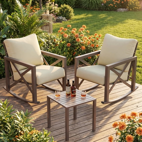 UDPATIO 3-Piece Metal Patio Bistro Rocker Set, Beige