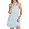 thumbnail image 3 of Womens Backless Halter Neck 3D Floral Applique Layered Ruffled Hem Short Mini Dress Party Wear Light Blue M, 3 of 9