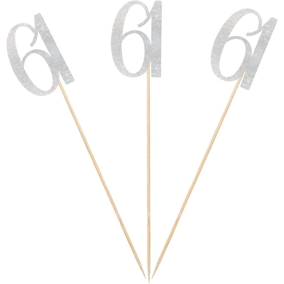 Silver Glitter 61st Birthday Centerpiece Sticks, 12-Pack Number 61 Table Topper Anniversary Party Decorations