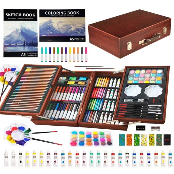 KINSPORY Coffret de Dessin et de Coloriage Portable de Luxe 139 Pcs en Bois Double Couche avec Carnets de Croquis, Coffret d'Art Cadeau pour Artistes Adultes, Débutants et Enfants (Brun)