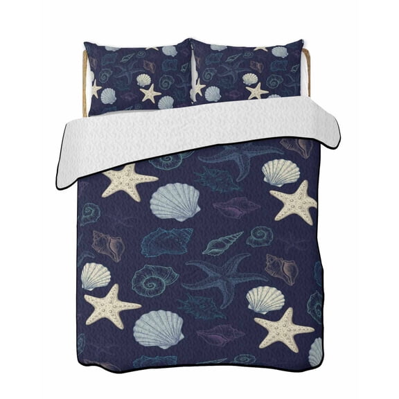 Quilts Queen Size Bedding Set, Nautical Coastal Reversible Summer Quilt 3 Pieces, Ocean Beach Starfish Shell Conch Navy Blue Lightweight Bedspreads Coverlets with 2 Pillow Shams for All Seasons