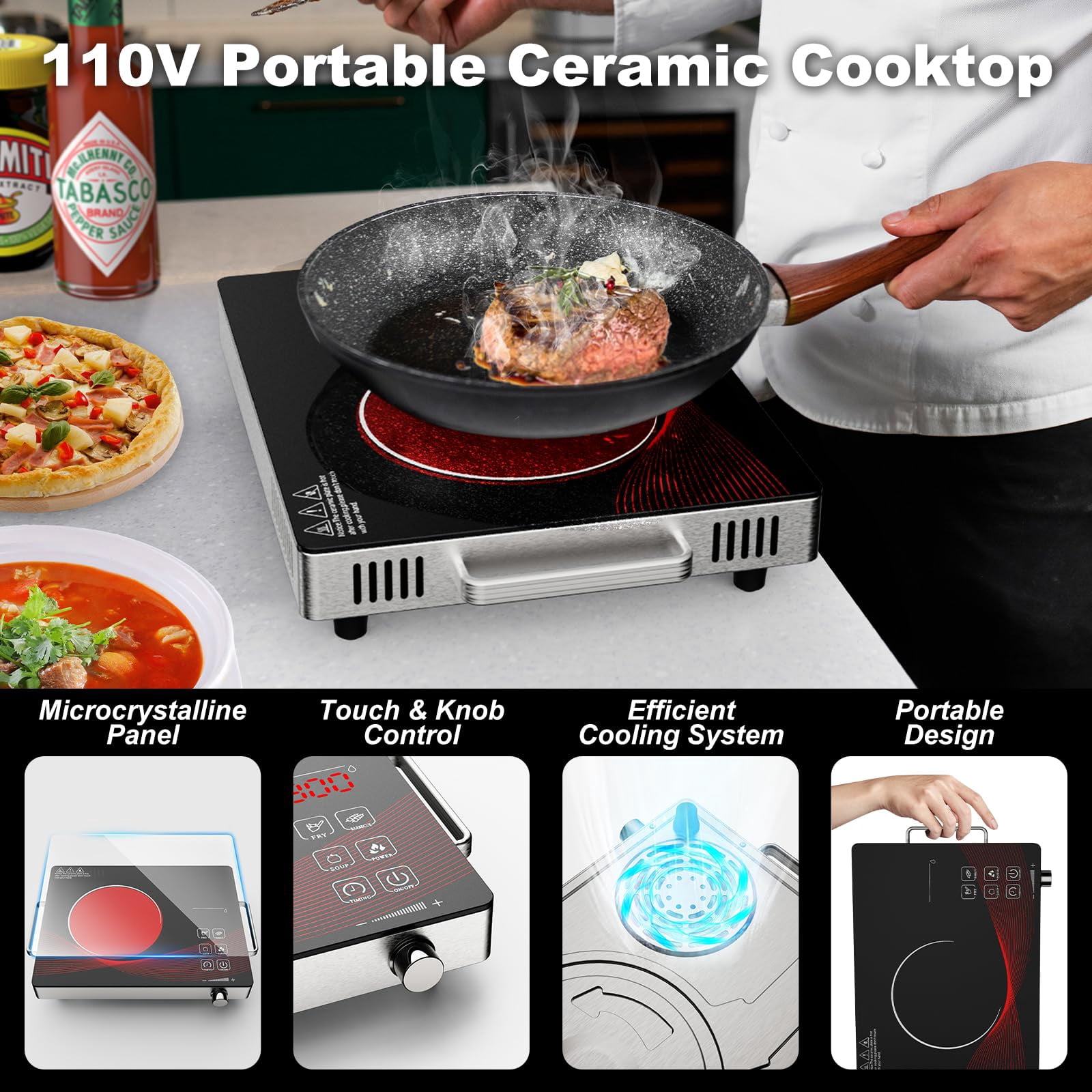 3500W Electric Ceramic Stove Portable Infrared Induction Cooktop Hot Plate Countertop Burner Cooker Furnace with Knob & Touch Control US 110V