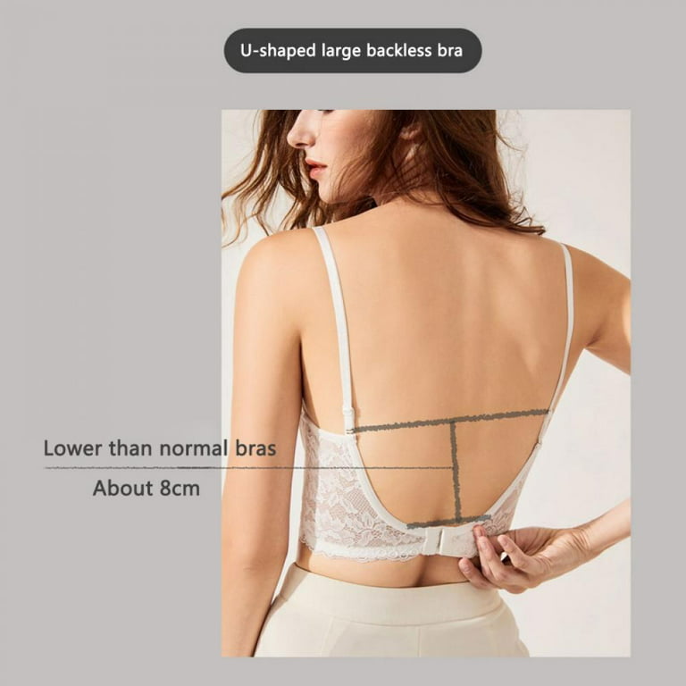 Popvcly Women's U-shaped Open Back Bra Thin Lace Spaghetti Straps Gathered  Hanging Neck Underwear for Wedding/Low Back Dress 