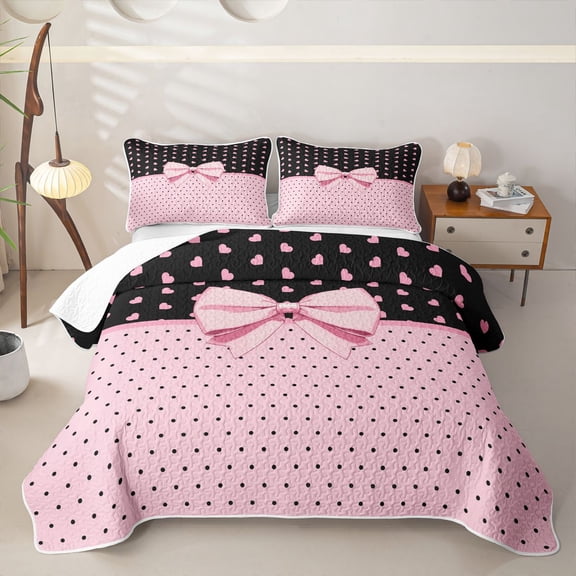 Erosebridal Pink Black Heart Bow Polka Dot Twin Quilt Set, Cute Twin Coverlet Set for Girls Teens, 2-Piece