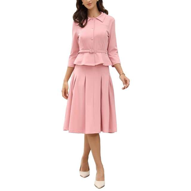 Conjuntos de traje de falda inspiradores y elegantes para mujeres, 2 piezas, oficina, chaqueta de blazer de 3/4 de manga, faldas plisadas, L, rosa polvo