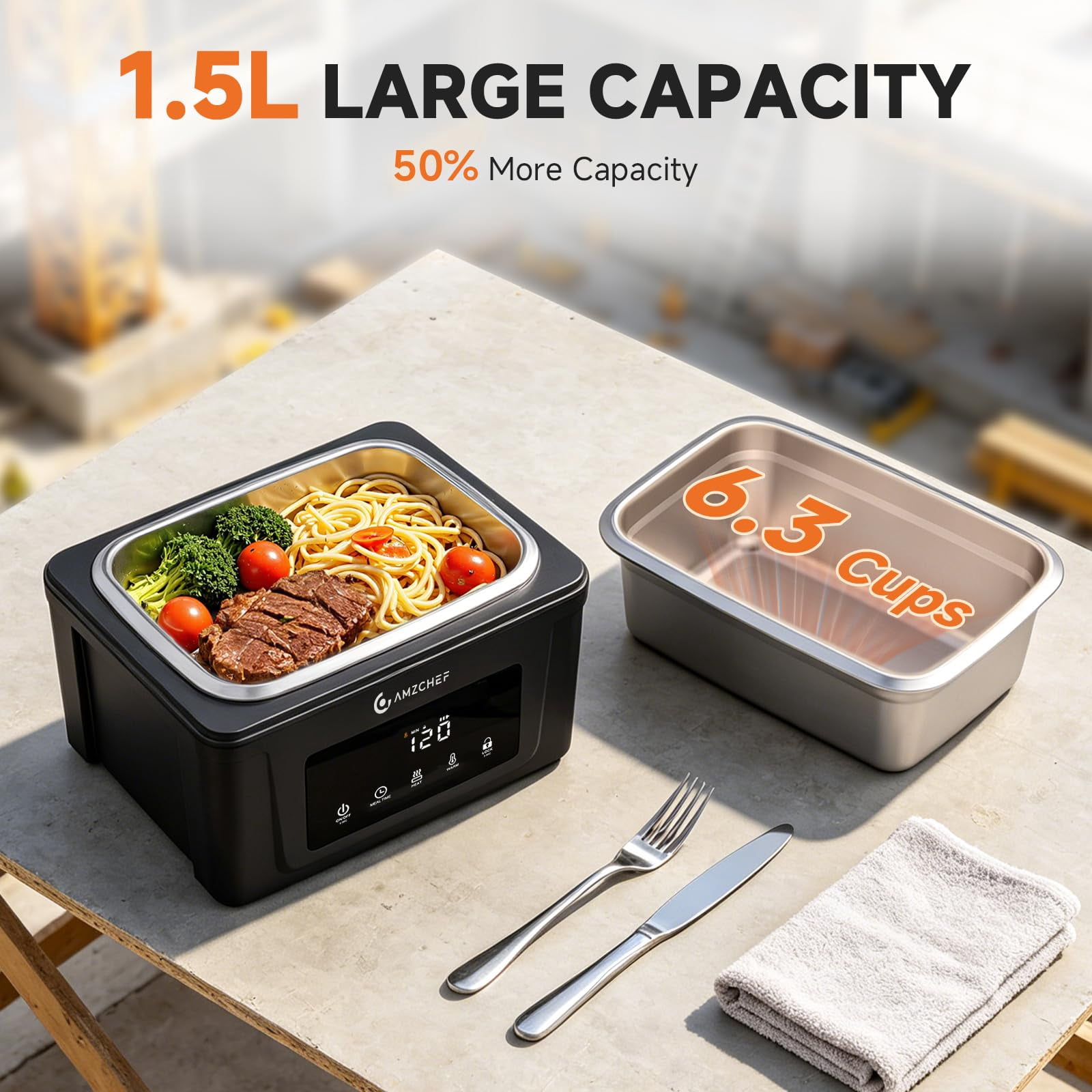AMZCHEF Electric Food Warmer Lunch Box Portable Cordless Fast Heating Rechargeable Battery Leakproof Stainless Steel Plastic Reusable Lunch Boxes