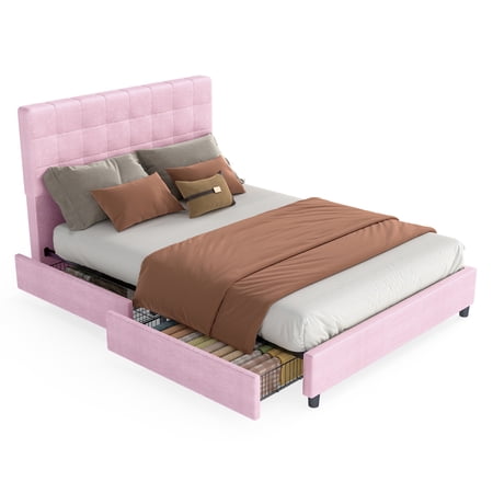 Upholstered Bed Frame with Storage Drawers Modern Bed Frame with Vertical Channel Headboard for Bedroom Organization