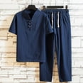 thumbnail image 2 of Mens Spring and Summer Solid Color Casual V Neck Short Sleeved T Shirt Elastic Waist Lace Up Pant Suit Two Piece Set, 2 of 4