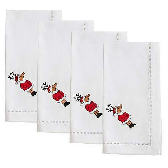 Fennco Styles Holiday Cotton Embroidered Reindeer 20 Inch Square Dinner Napkins, Set of 4