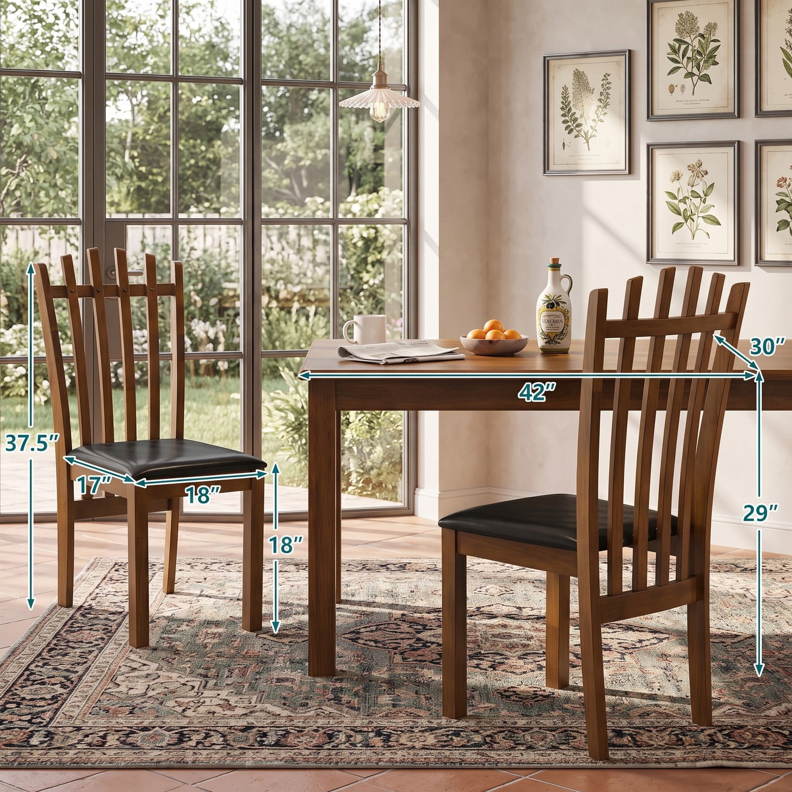 Furnibear Wooden Dining Chair Set of 2 Spindle Back Kitchen Chairs with PU Leather Padded Seat, Solid Rubber Wood Armless Side Chairs for Dining Room, Walnut & Black