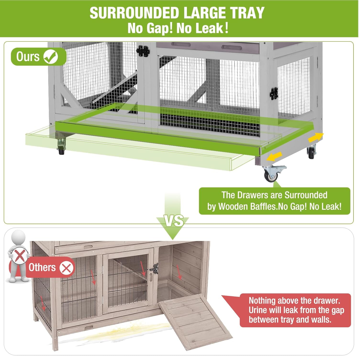 2-Story Rabbit Hutch Bunny Cage with Leak-Proof Trays & Chew-Proof Ramp - Indoor/Outdoor 39.3" Wooden Rabbit Cage with Wheels for Rabbits, Guinea Pigs, Small Animal (Grey)