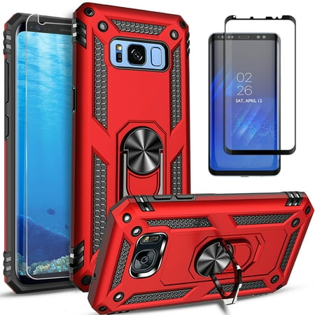 Samsung Galaxy S8 Case, With [Tempered Glass Screen Protector Included], STARSHOP Drop Protection Ring Kickstand Cover- Red