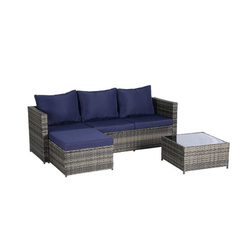 3-Piece Patio Furniture Set with Coffee Table, Outdoor L-Shaped Sectional Sofa Set with Ottoman, Wicker Outdoor Conversation Set for Backyard Poolside