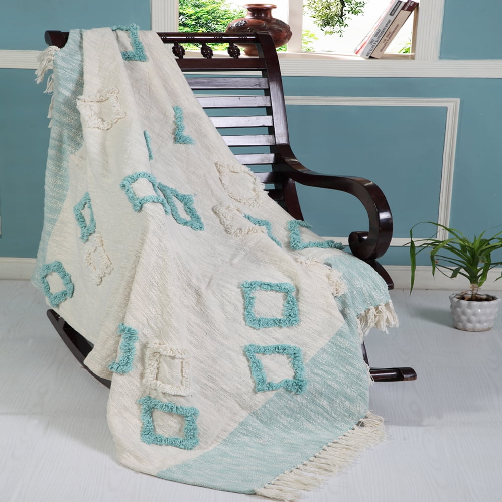LR Home Sky Blue Diamond Ultra-Soft Shag with Fringe Throw Blanket, 50" x 60"