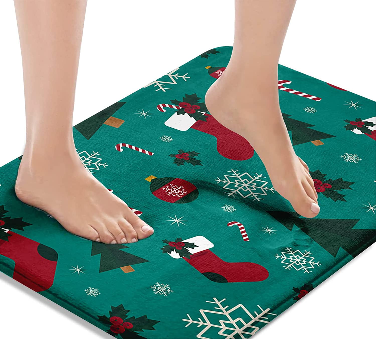 Bath Mats for Bathroom Green Christmas Socks Washable Cover Floor Rug