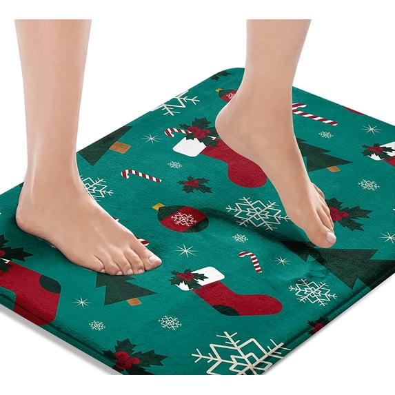 Bath Mats for Bathroom Green Christmas Socks Washable Cover Floor Rug Carpets Floor Mat Bathroom Decorations 16x24 Inches for Kitchen Bedroom Indoor