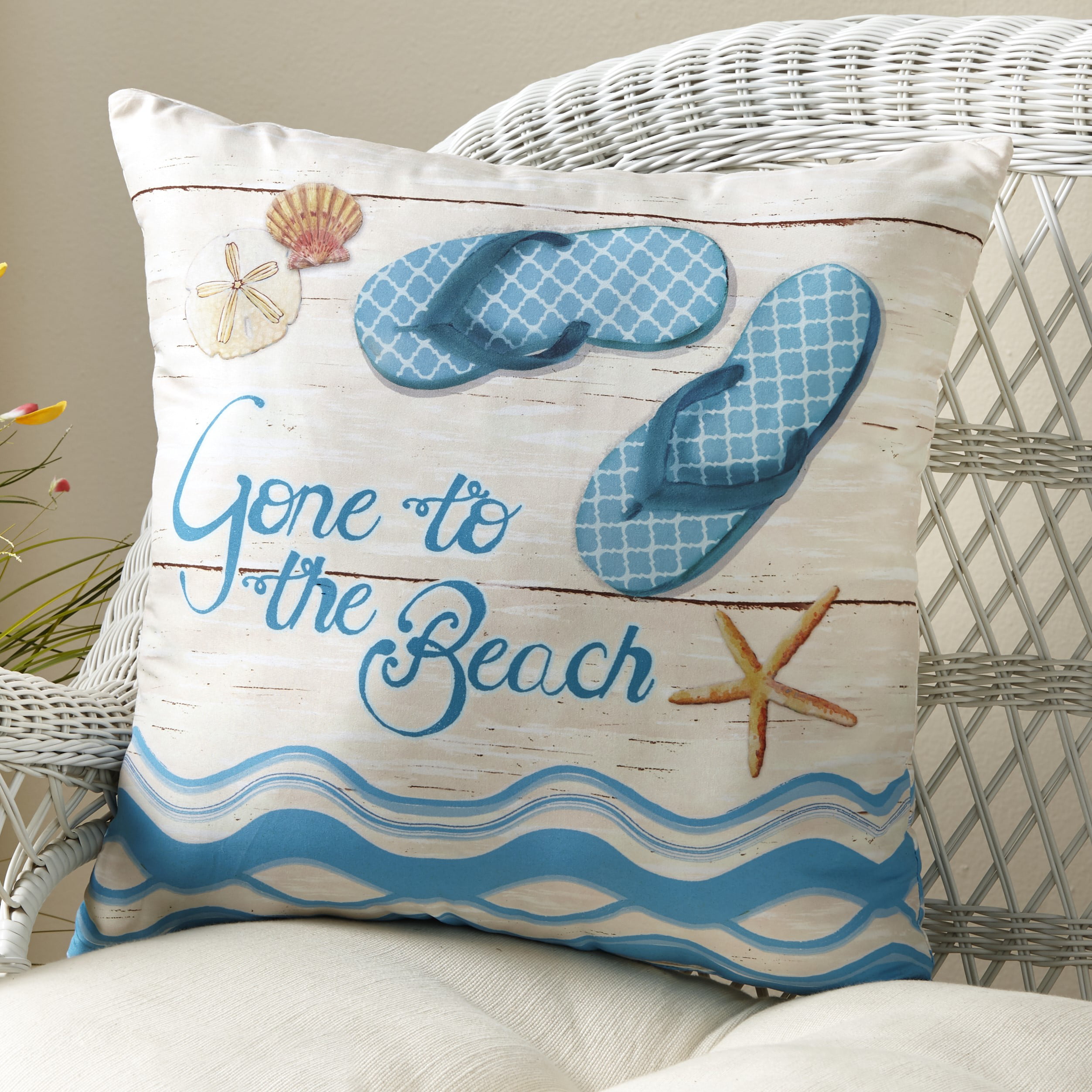 The Beach With Flip Flop Coastal Design, Coastal Theme Outdoor Pillows