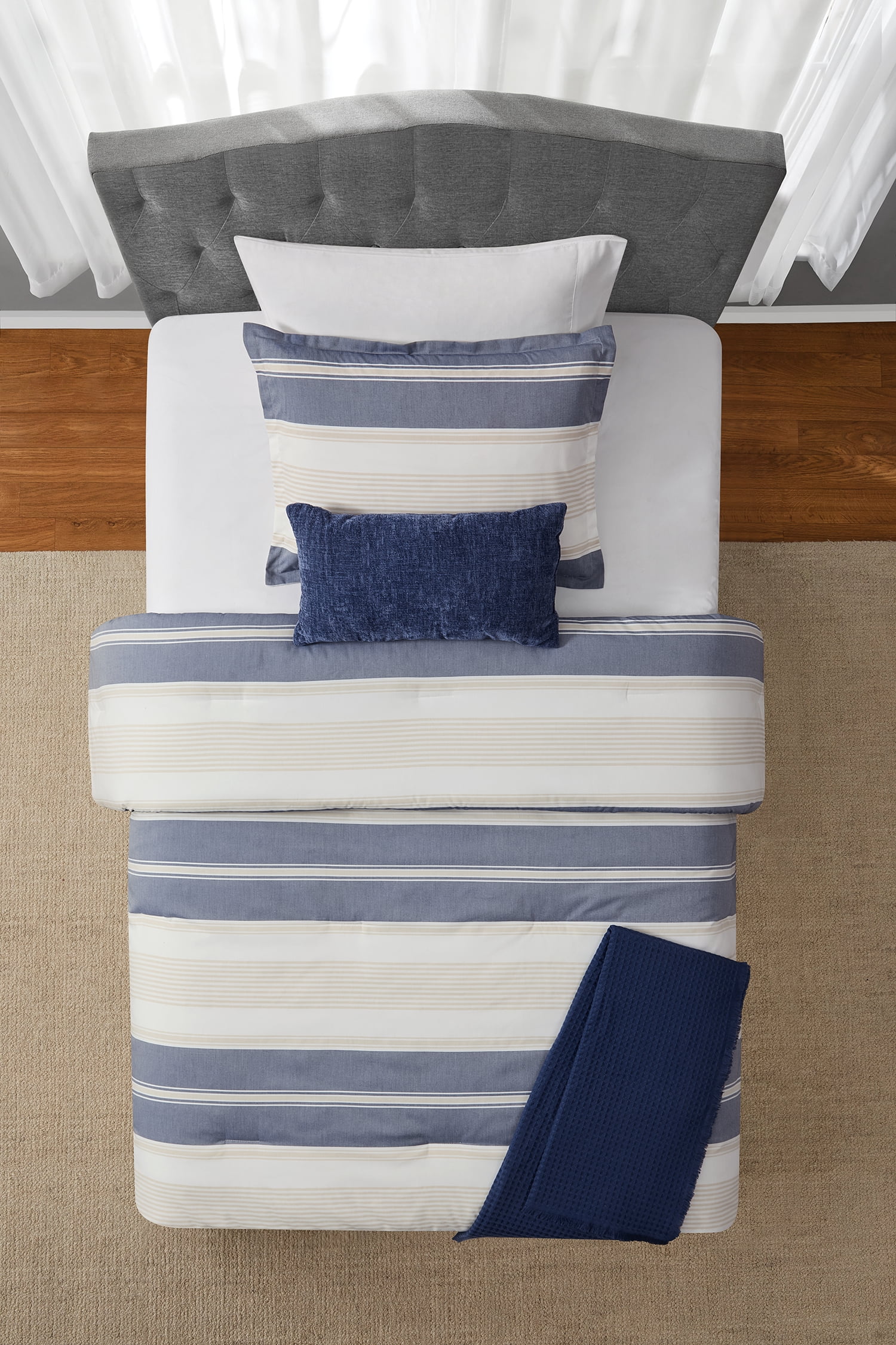 Mainstays Stripe 4-Piece Blue/Tan Comforter Set, Twin/Twin XL