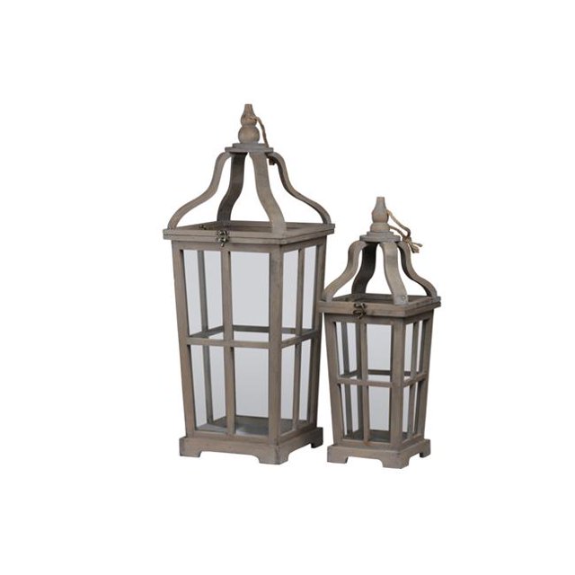 Benjara BM208394 Curved Ribbon Open Top Lantern with Window Pane Design - Brown - 2 Piece