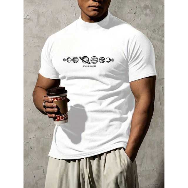 Men's Trendy Planet Print Small High Collar Short Sleeve T-shirt