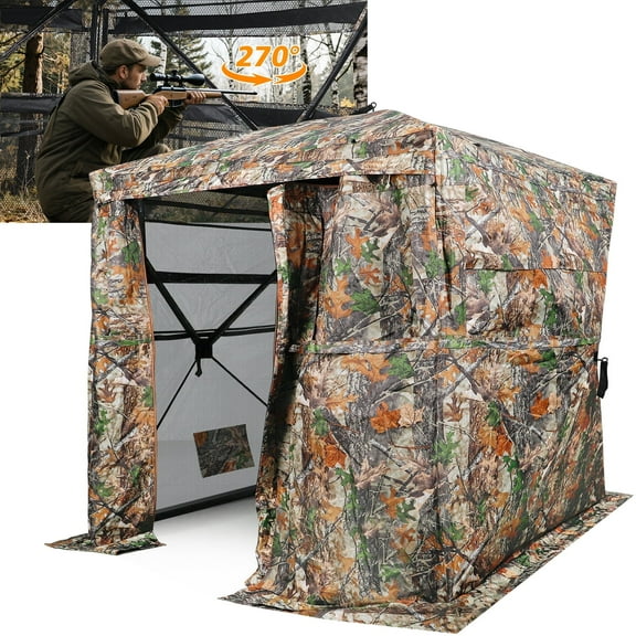 GIKPAL 4 Person Hunting Blind - 270° See Through Design with Magnetic Door & Silent Sliding Windows, Portable Ground Blind for Deer & Turkey Hunting (Includes Carry Bag)