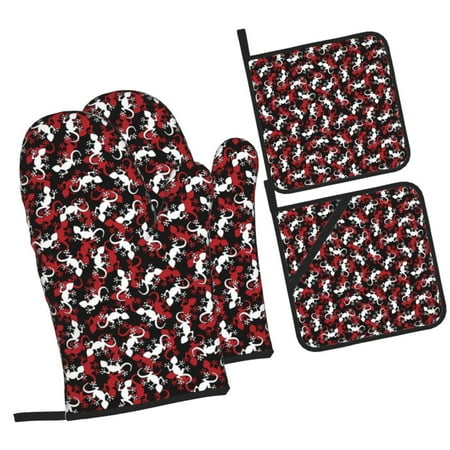 

Pofeuu Salamander Print Oven Mitts and Pot Holders 4 pcs Set High Heat Resistant 500 Degree Extra Thicken Long Kitchen Cotton Oven Glove for Cooking