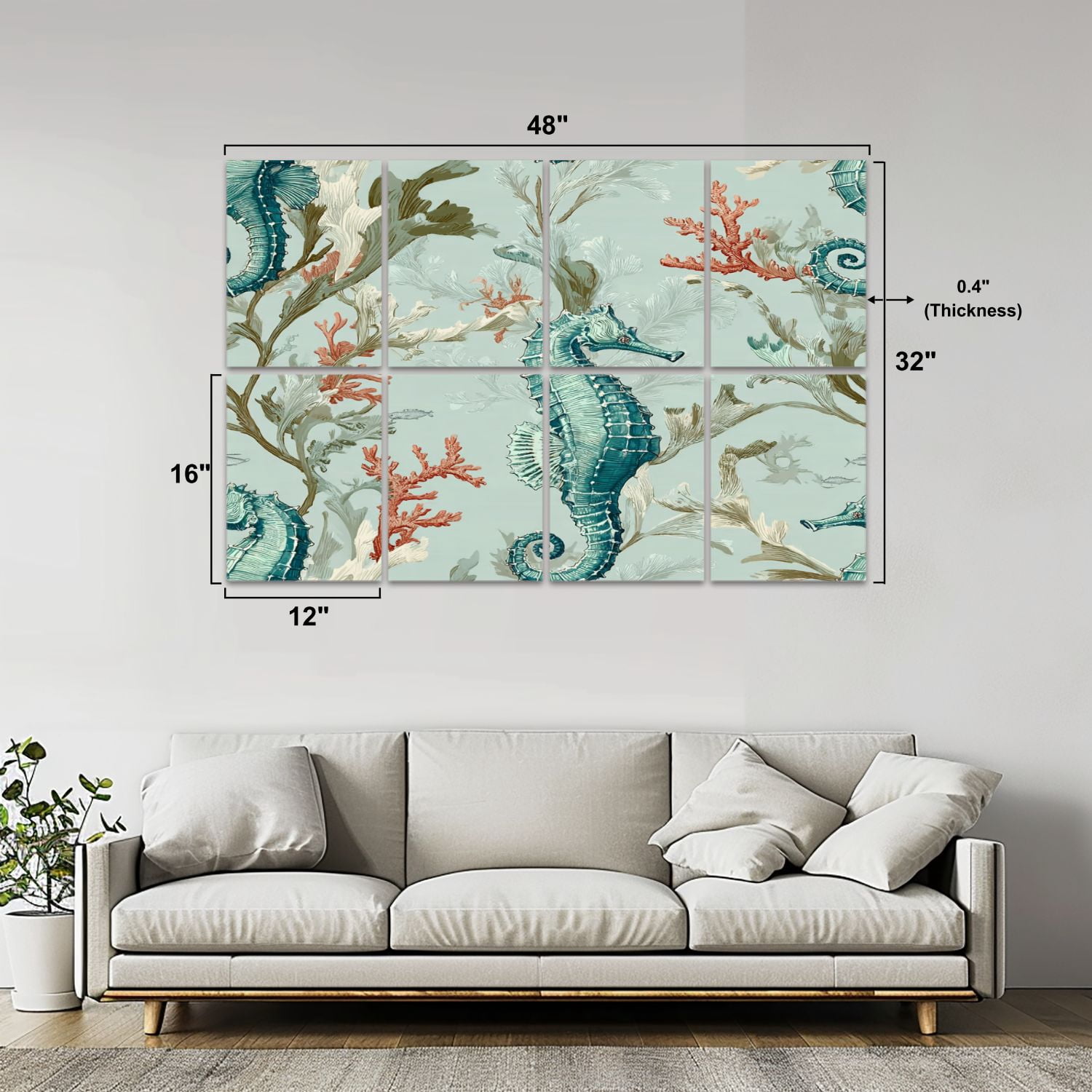 8 Pack Art Acoustic Panels Sound Absorbing Vintage Seahorse Coral Muted Decorative Soundproof Wall Panels Self Adhesive for Nursery Game Room Bedroom 48"x32"