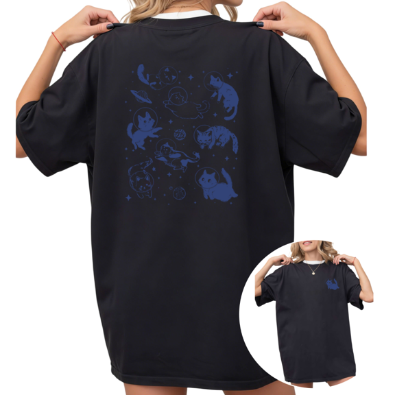Women's Space Cat Astronaut Back Print Graphic Comfortable Cotton T Shirt Casual Short Sleeve Round Neck Top Black S-5XL