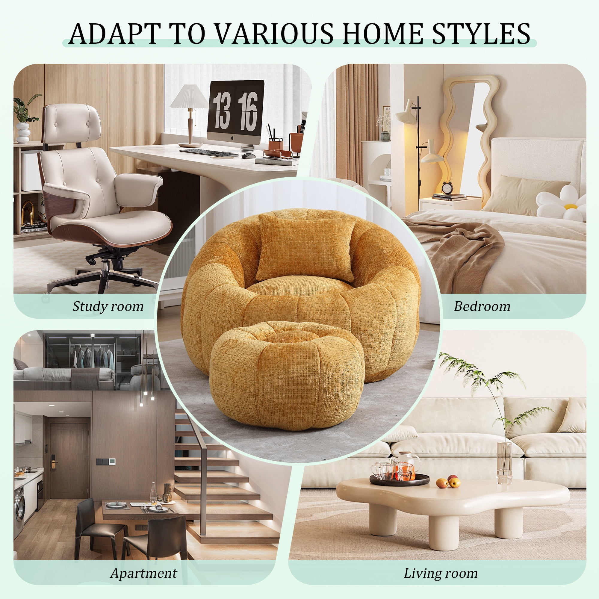 FFZ Modern Round Bean Bag Chair For Adults With Ottoman Leisure Single Sofa